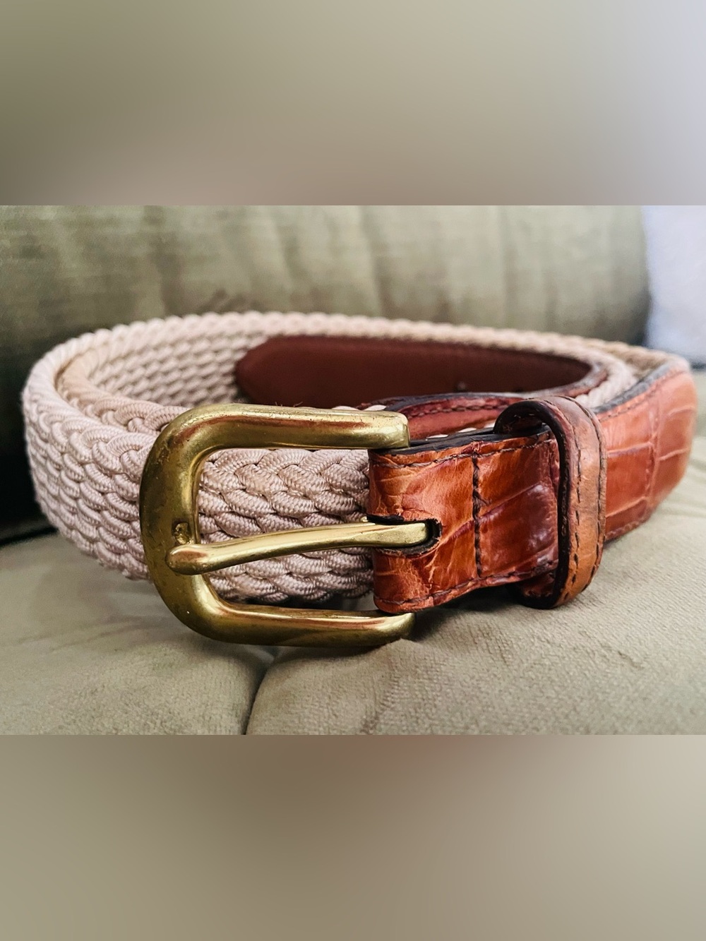 Brighton Women’s Woven Belt with Brown Leather Trim and Brass Buckle